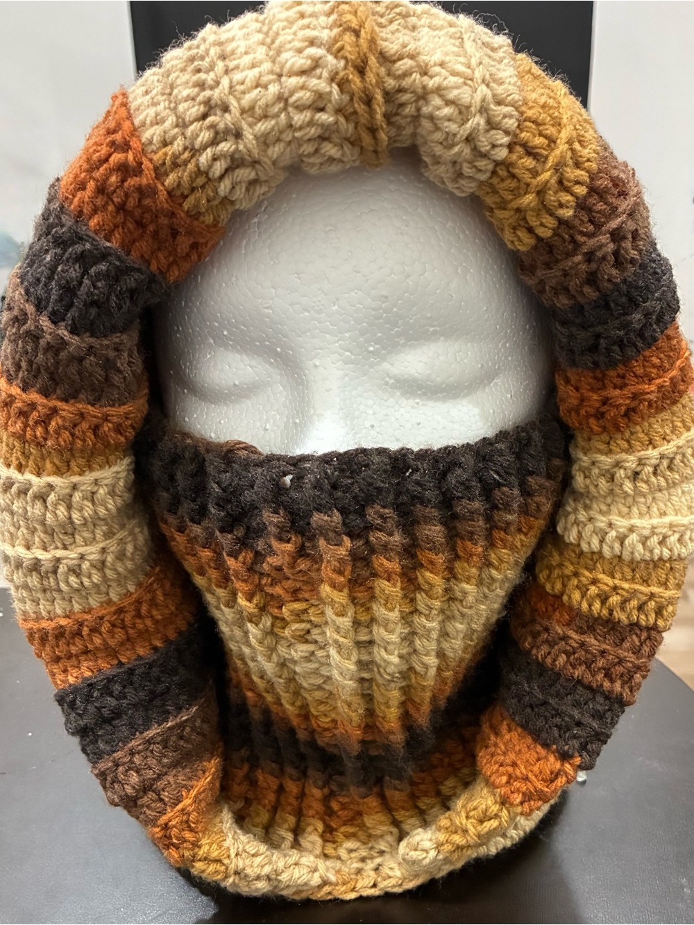 Handcrafted Hooded Neck Wrap in Brown, Tan & Orange